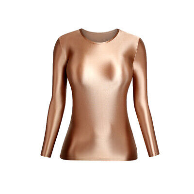 S-3XL Women T-Shirt Shiny Satin Glossy Tops Long Sleeve Round-Neck Summer Blouse