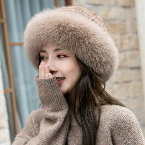 Womens Elegant Real Mink Fur Hat Knitted Cap Warm Beanie Skull W Fox Fur Brim