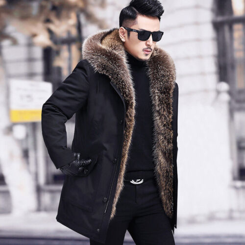 Fashion Men's Real Raccoon Fur Collar Hooded Coats Rabbit Fur Liner Jacket Parka