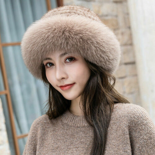New Womens Real Mink Fur Hat Knitted Cap Warm Beanie Skull W Fluffy Fox Fur Brim