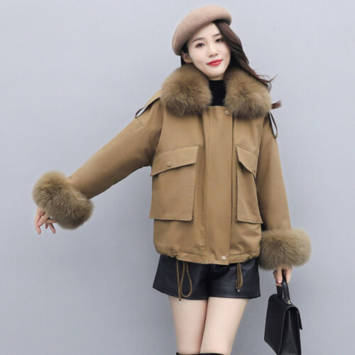 Women Winter Fluffy Fur Jackets Collar Cuffs Fur Trim Parka Coats Pocket Short