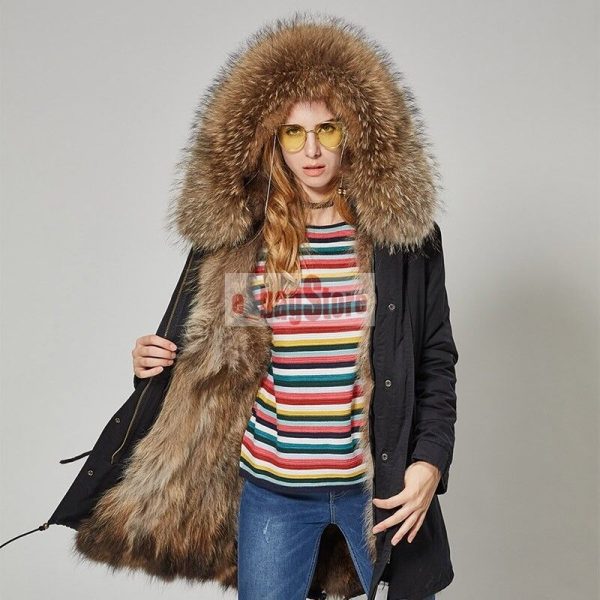 2020 2 in 1 Women Real Raccoon Fur Collar & Lined Coat Hooded Parka Warm Jackets