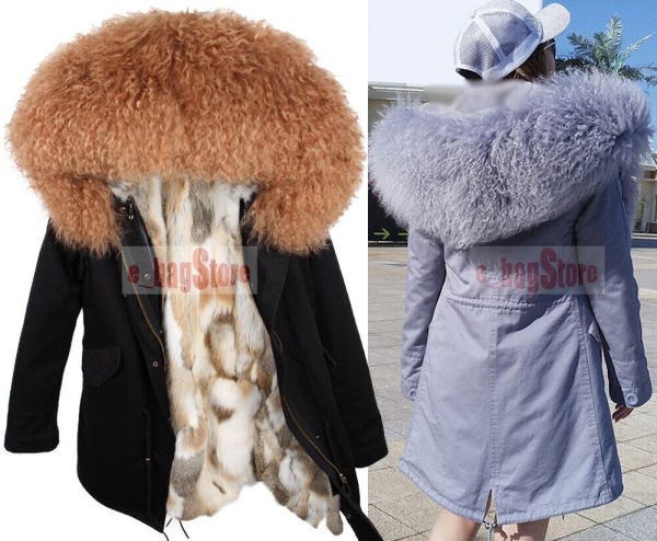 2019 Women's Real Lamb Fur Collar Coat Rabbit Fur Lined Jacket Winter Warm Parka