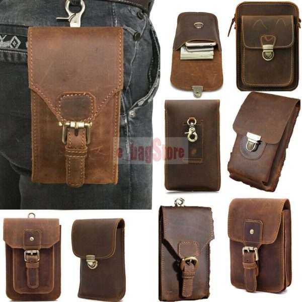 Handmade Vintage Men Genuine Leather Hip Hook Belt Waist Bag Hiking Phone Pouch