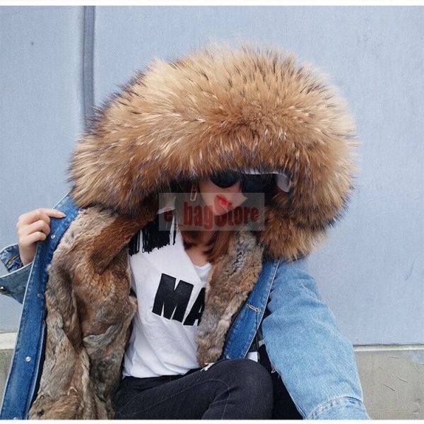 2in1 Womens Winter Raccoon Fur Collar Hooded Coat Short Jackets Warm Parka Denim