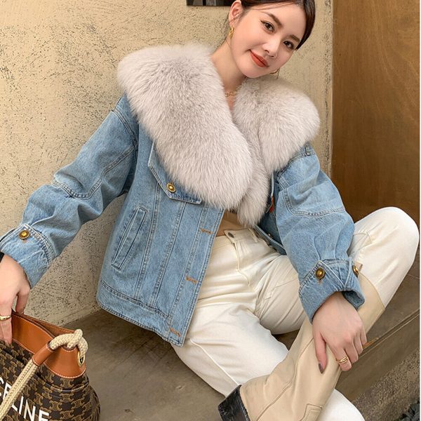 Womens Genuine Fox Fur Collar Jacket Thicken Warm Denim Real Fur Coat Duck Down