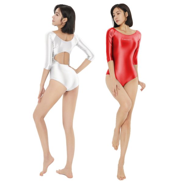 AMORESY Women Swimwear One Piece Shiny Bodysuit Satin Glossy Sukumizu Swimsuits