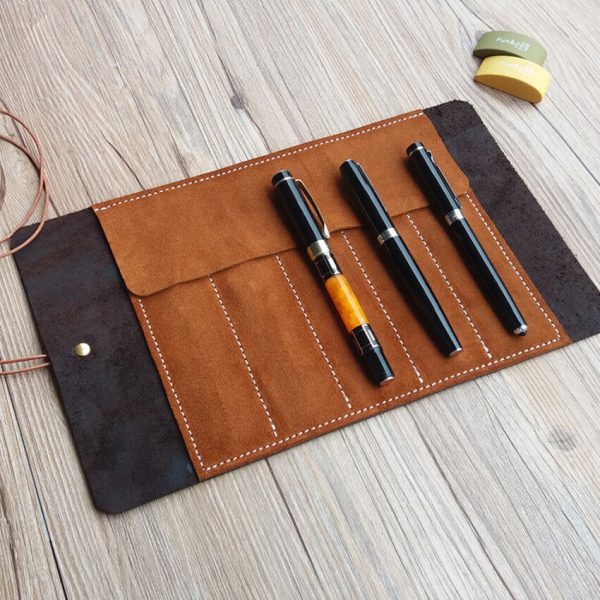 Handmade Vintage Leather Pencil Roll 5 Pens Bag Pencil Case Wrap Artist Drawing
