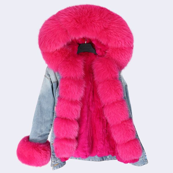 2 in1 Womens Fox Fur Collar Coat Hooded Denim Jackets Warm Winter Parka Fur Trim