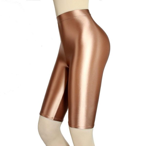 Women Sexy Leggings Shiny Satin Glossy Opaque Cycling Short Jegging Brown L