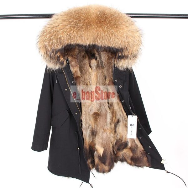 2019 Women's Real Raccoon Fur Collar & Lined Coat Long Hooded Parka Warm Jacket