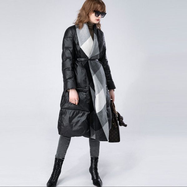 Women's Down Jacket Belt Coats Warm Puffer Parkas Scarf Design Winter Overcoat