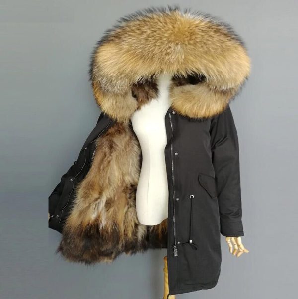 Womens Large Real Raccoon Fur Collar Lined Coat Winter Parka Warm Jacket Outwear