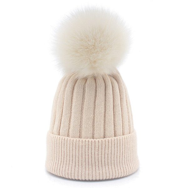 Fox Fur Pompom Ball Cap Knitted Ski Hat Warm Cashmere Blend Cuffed Beanie Winter