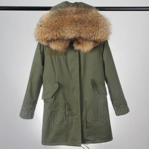 Womens Large Real Raccoon Fur Collar Hood Parka Warm Jacket Coat Winter Overcoat